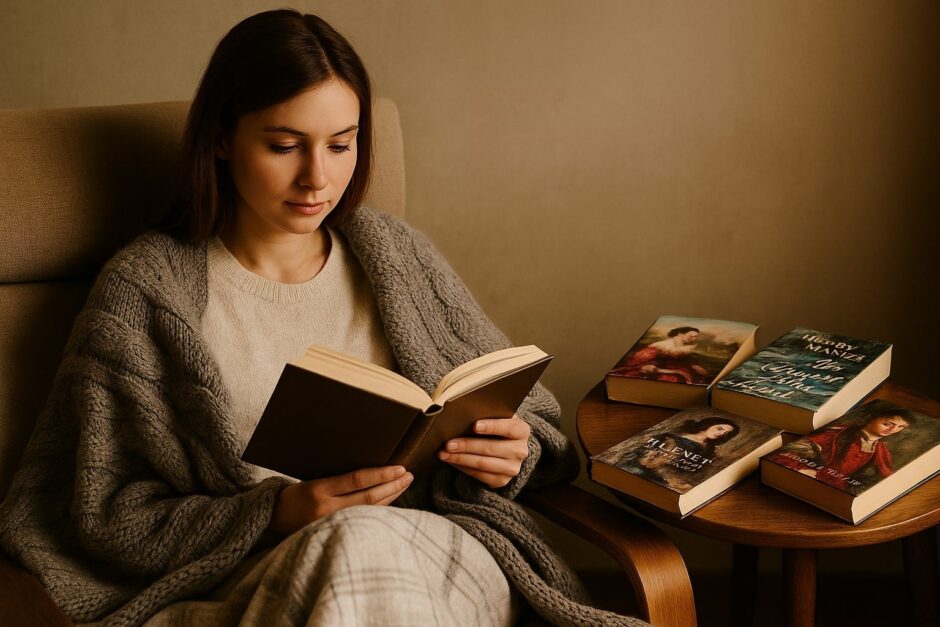 Realistyczna fotografia przedstawiająca młodą kobietę siedzącą w beżowym fotelu, przykrytą ciepłym, szarym kocem. Kobieta spokojnie czyta książkę po angielsku, trzymając ją oburącz. Na stoliku obok leżą cztery angielskie książki z ilustracyjnymi okładkami, przedstawiającymi postacie historyczne i portrety kobiet. Całość oświetla miękkie, naturalne światło, tworząc przytulny, jesienny nastrój. Obrazek ilustruje temat czytanie po angielsku po przerwie.