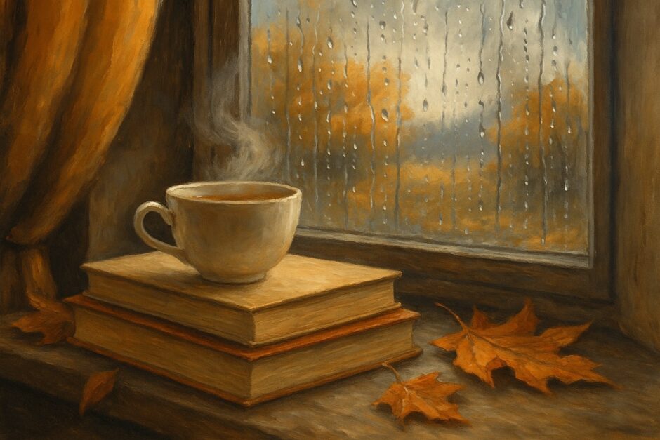 Jesienna scena z filiżanką herbaty i książką po angielsku na parapecie przy deszczowym oknie