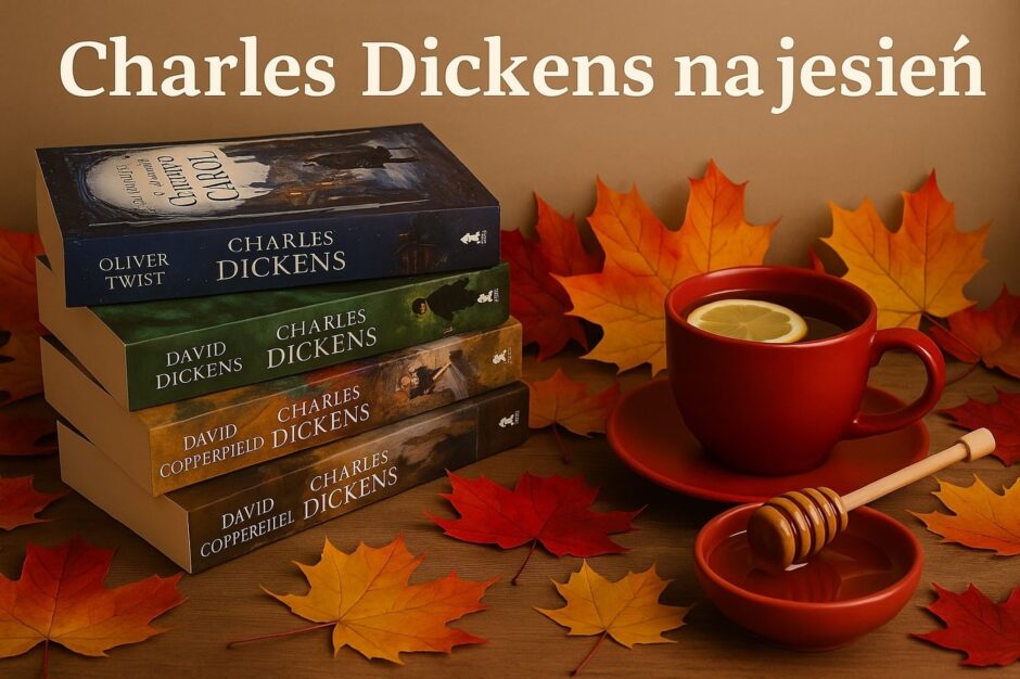 Stos angielskich książek Charlesa Dickensa ułożonych na drewnianym stole w jesiennej aranżacji – widoczne tytuły A Tale of Two Cities, Oliver Twist, Great Expectations i A Christmas Carol. Obok czerwona filiżanka herbaty z cytryną, miseczka z miodem, szyszki, mała dynia i kolorowe jesienne liście. Nastrojowa fotografia w ciepłych barwach, ilustrująca temat Charles Dickens na jesień.