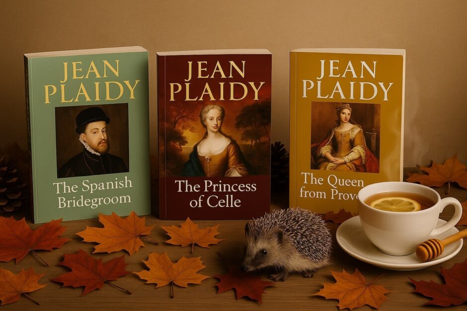 Realistyczna fotografia przedstawiająca książki Jean Plaidy z ilustracyjnymi okładkami leżące na drewnianym stole wśród suchych liści, małych dyń i jesiennych dekoracji. Obok książek stoi filiżanka parującej herbaty z cytryną i miodem, a w tle widać naturalne, ciepłe światło jesieni.