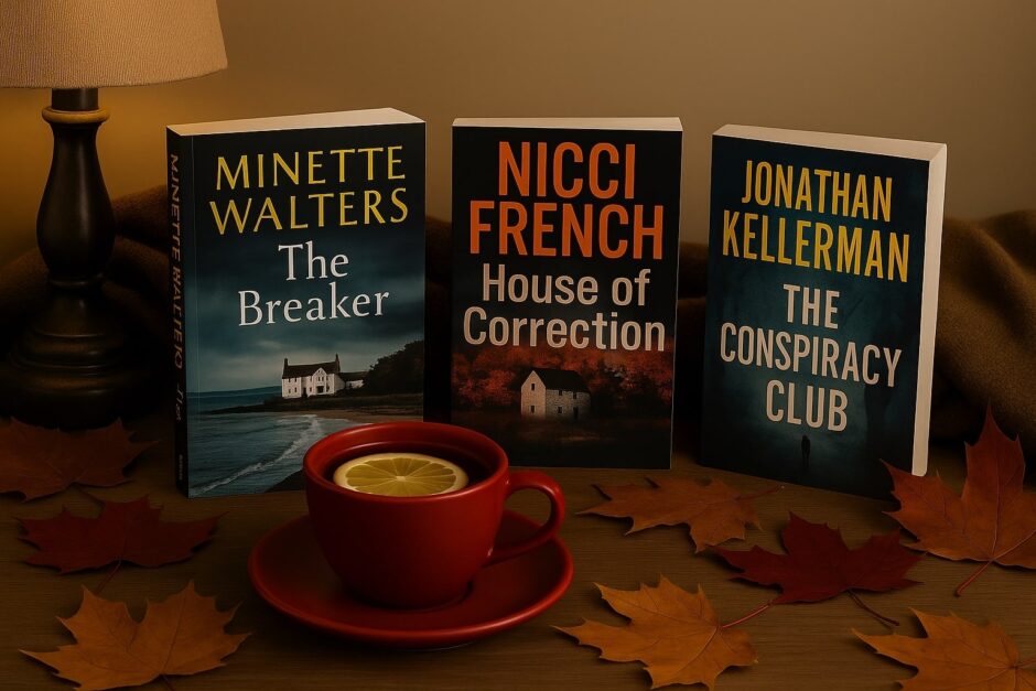 Trzy powieści kryminalne autorstwa Minette Walters, Nicci French i Jonathana Kellermana stoją na drewnianym stole w otoczeniu jesiennych liści. Obok leży otwarta książka i filiżanka herbaty z cytryną. Klimat zdjęcia jest jesienny, ale jasny i nastrojowy, oddający atmosferę wieczoru z lekturą.